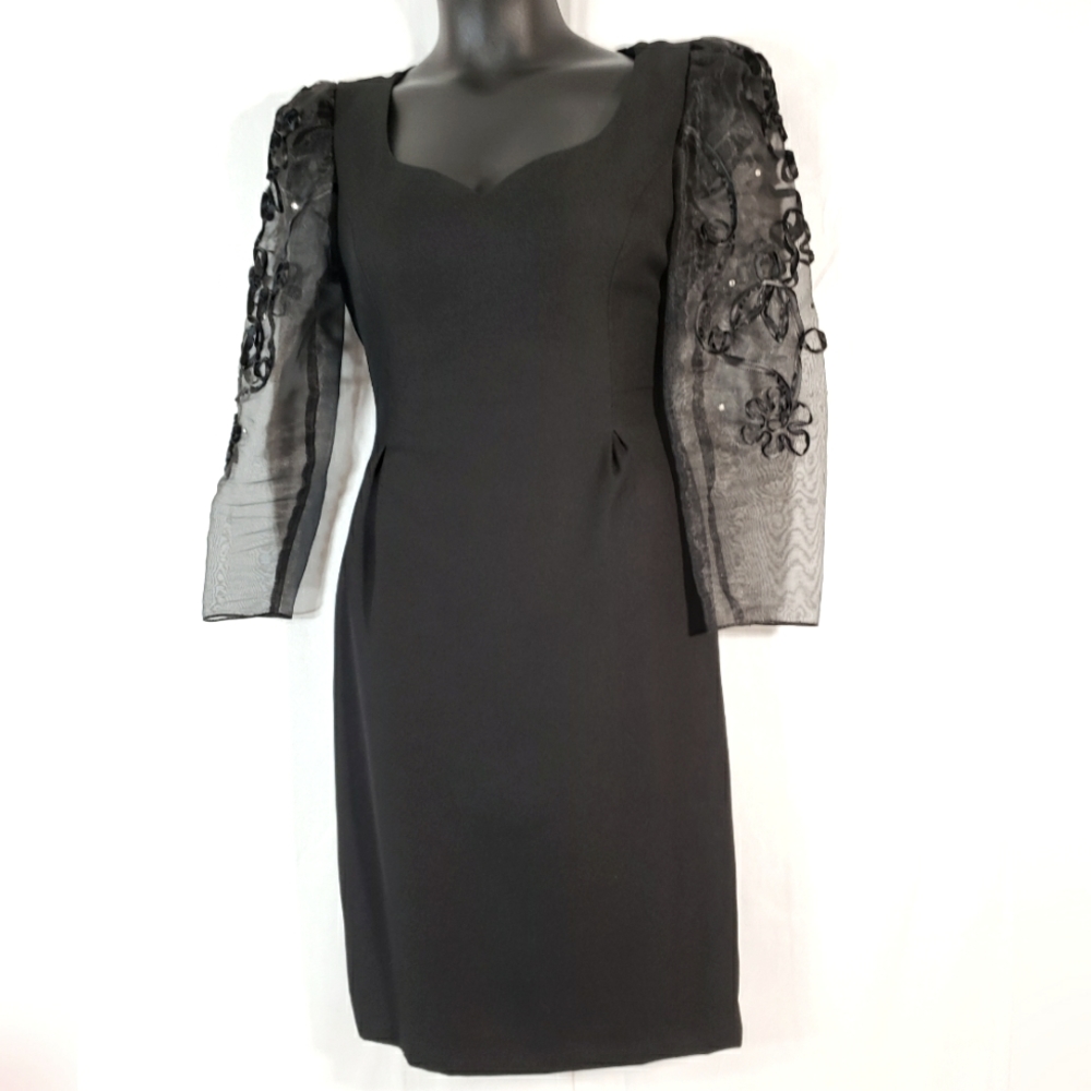 Size 10 Black Midi Sheath Dress with Sheer Sleeves. Preowned Michael Marcella